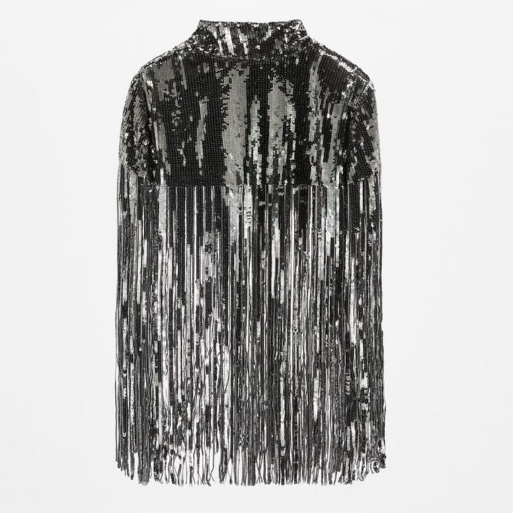 Zara Sequin Fringe Cape charcoal grey 8741/006 S/M